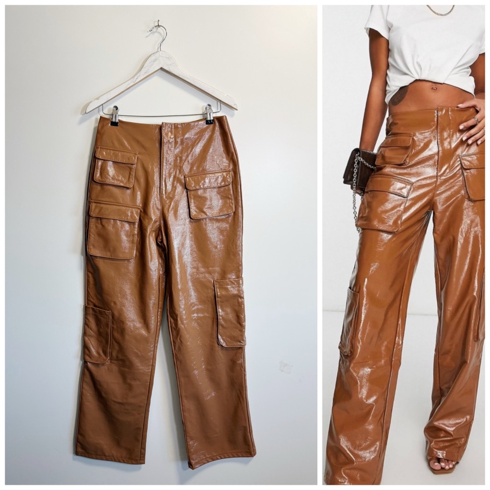 AFRM Sigmund Faux Leather Cargo Pants in Tan Camel Size 27